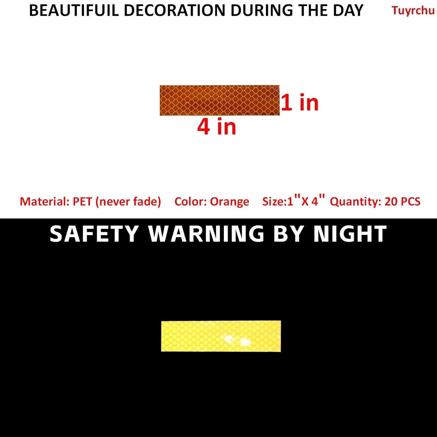 Non Fading Orange Reflective Stickers 1 inch X 4 inch, Outdoor Waterproof High Visibility Warning Safety Adhesive Reflector Tape (20 Pcs)