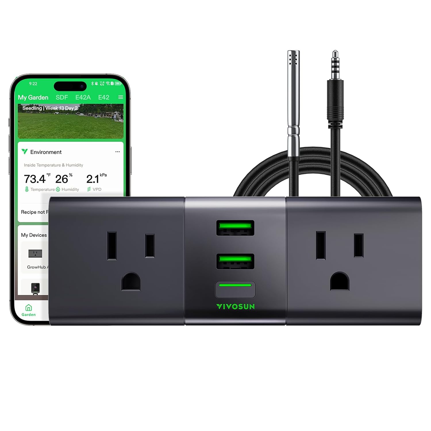 VIVOSUN GrowHub Outlet Controller A22 with Temperature and Humidity Sensor Probe, Smart Environmental WiFi-Controller, Smart Plug, Thermostat, 15A 1800W, Compatible with Vivosun App for Grow Tent