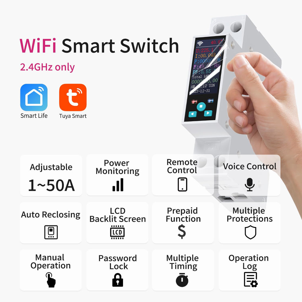 Smart Wifi Switch, 1P+N AC90-240V 1-50A, Smart Life/Tuya APP Remote Control, with Power Monitoring, Export/Clear Power Data, DIN Rail Mounted, with LCD Display, Recloser Function, FCC Certified