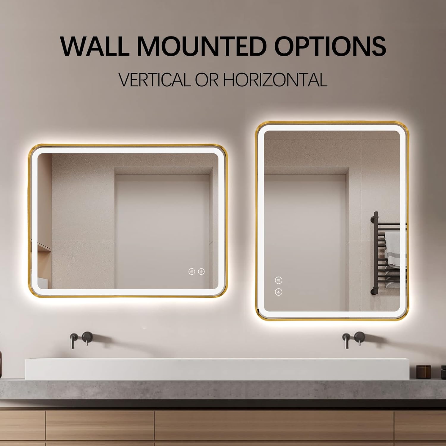 Rectangle LED Bathroom Mirror, 40"x30" Anti-Fog Double Touch Lighted Wall Vanity Mirror 45° Beveled Metal Frame Stepless Adjustable Color Temperature Smart Mirror 3000K-6000K, Gold