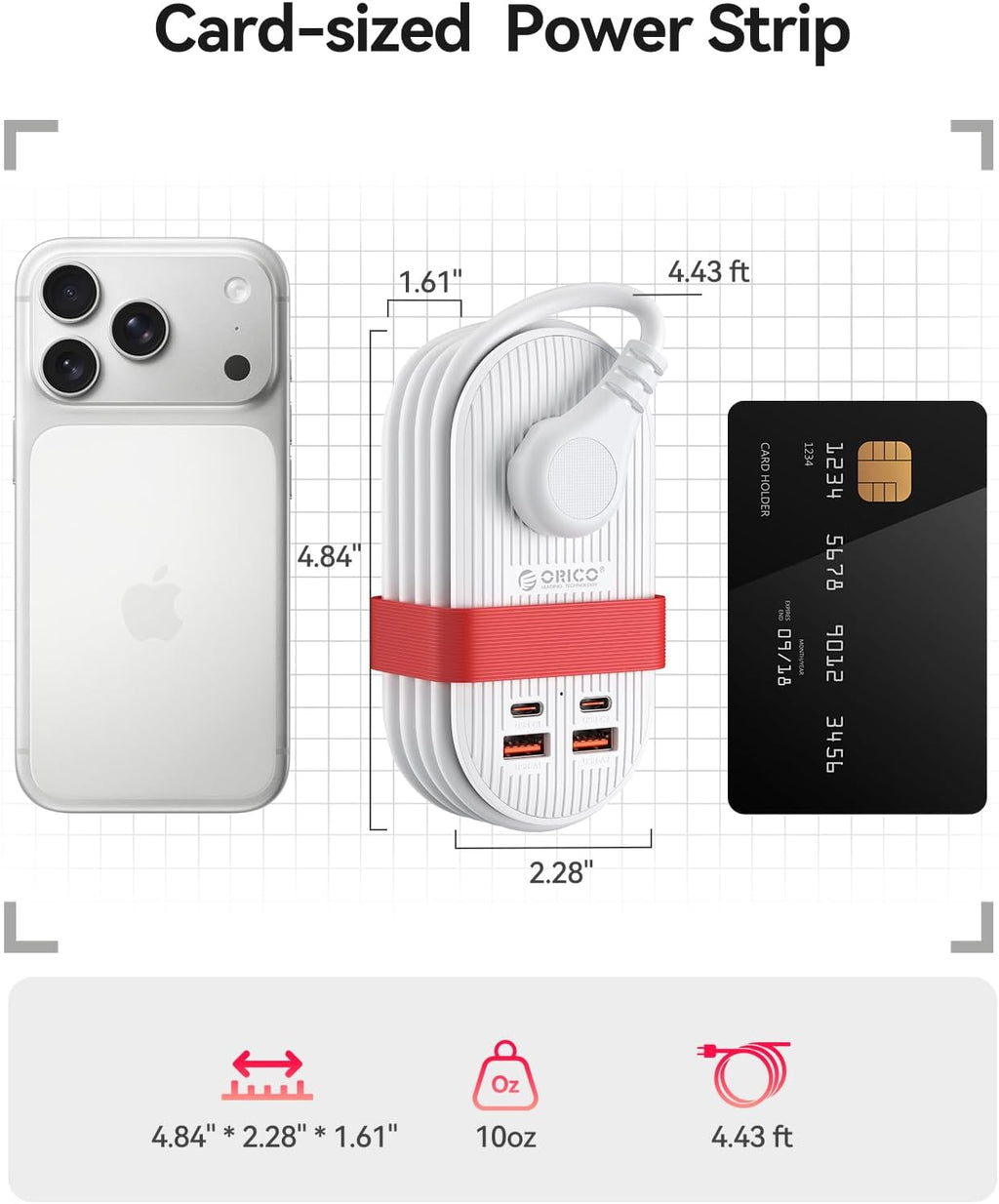 ORICO 65W USB Travel Power Strip, 7 in 1 Charging Station with 3AC, 2 USB-A, 2 USB-C, Flat Plug and 4ft Thin Extension Cord, Fast Charger for MacBook, iPad, iPhone 17/16/15 - TK65