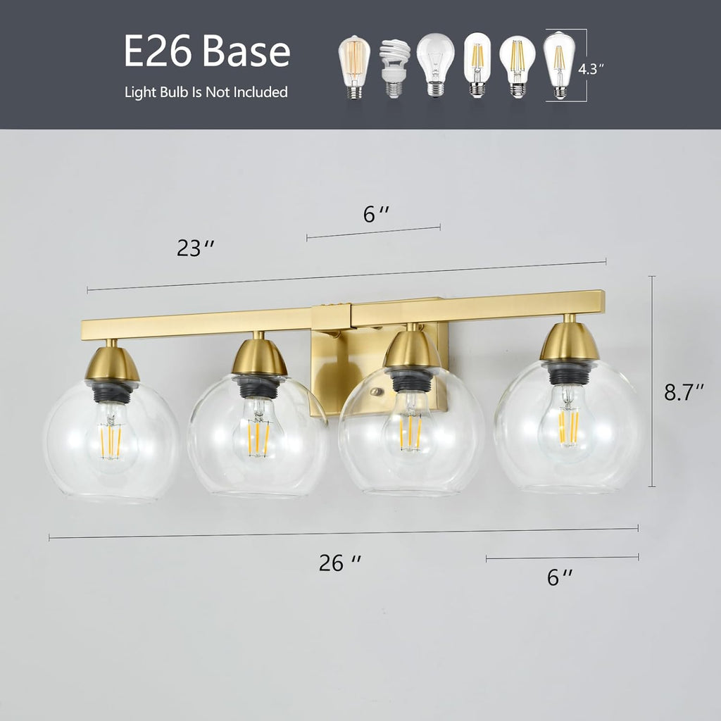 4-Light Bathroom Vanity Light, Gold Wall Sconce with Premium Hand-Crafted Glass Shades, Shatter-Resistant & Few Imperfections, Ideal for Mirror, Kitchen, Living Room