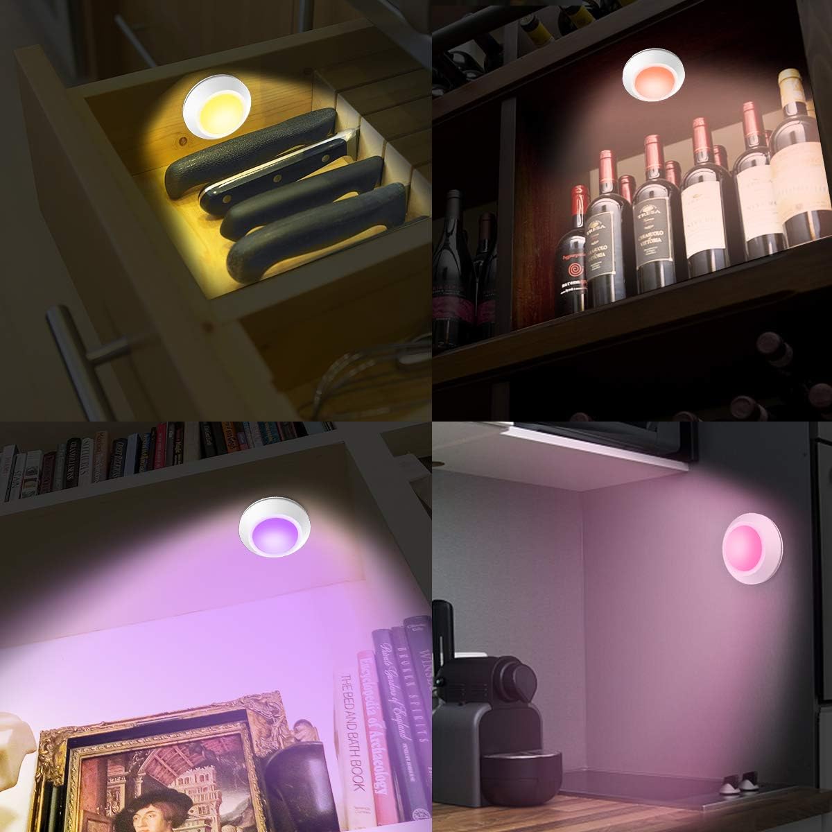 HONWELL Push Lights, LED Puck Lights with Remote, Battery Operated Under Cabinet Lighting,Cordless RGB Color Changing Touch Fairy Light with Dimmer, Stick on Light for Closet Classroom Shelf