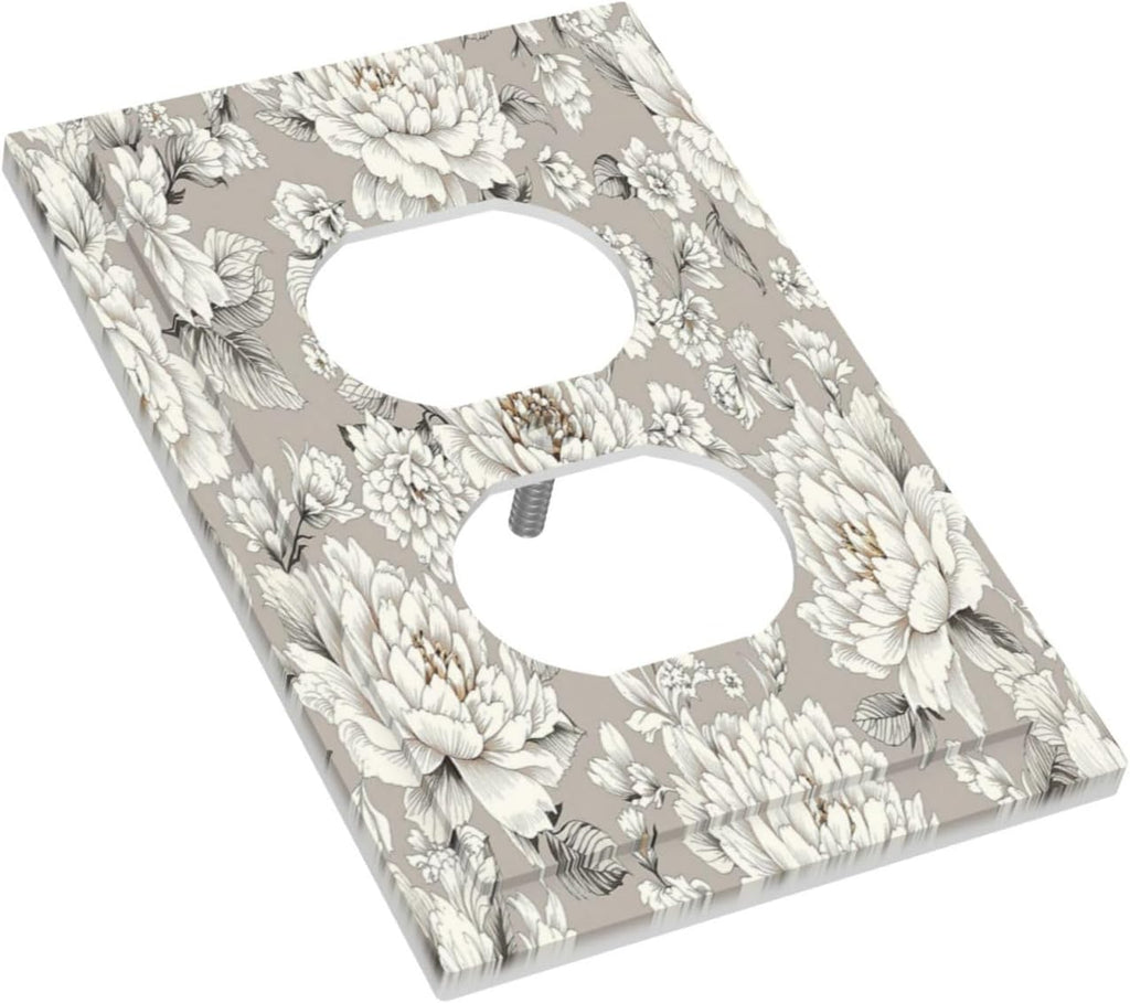 White Poppies Floral Modern Grey Peonies Flowers Outlet Covers 1 Gang Duplex Light Switch Cover Wall Plate Decorative Switch Plates Electrical Receptacle Faceplate for Bedroom Bathroom