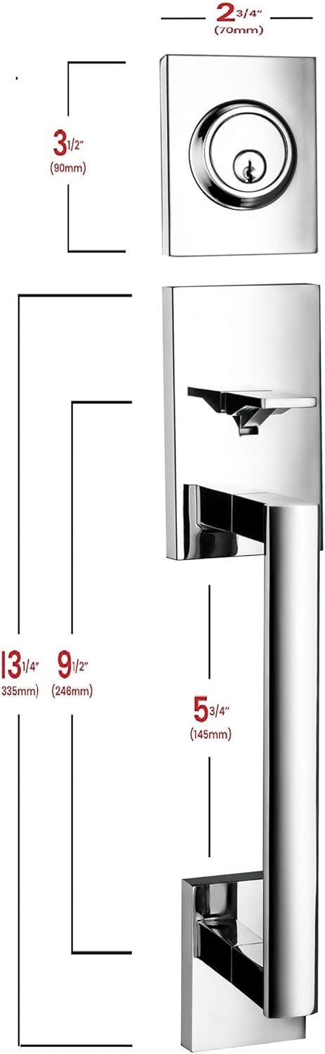 Berlin Modisch HandleSet Front Door Entry Handle and Deadbolt Lock Set Slim Square Single Cylinder Deadbolt and Lever Reversible for Right & Left Sided Doors Heavy Duty – Polished Chrome Finish