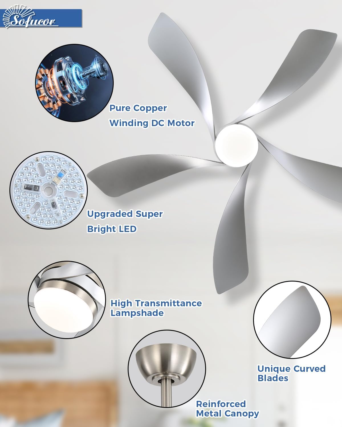 Sofucor 52" Smart Ceiling Fan, Indoor/Outdoor Ceiling Fans with Lights and Remote, Compatible with Alexa/Google/App, 3-Color Light 6-Speed Timing Reversible DC Motor for Bedroom Living Room Patio