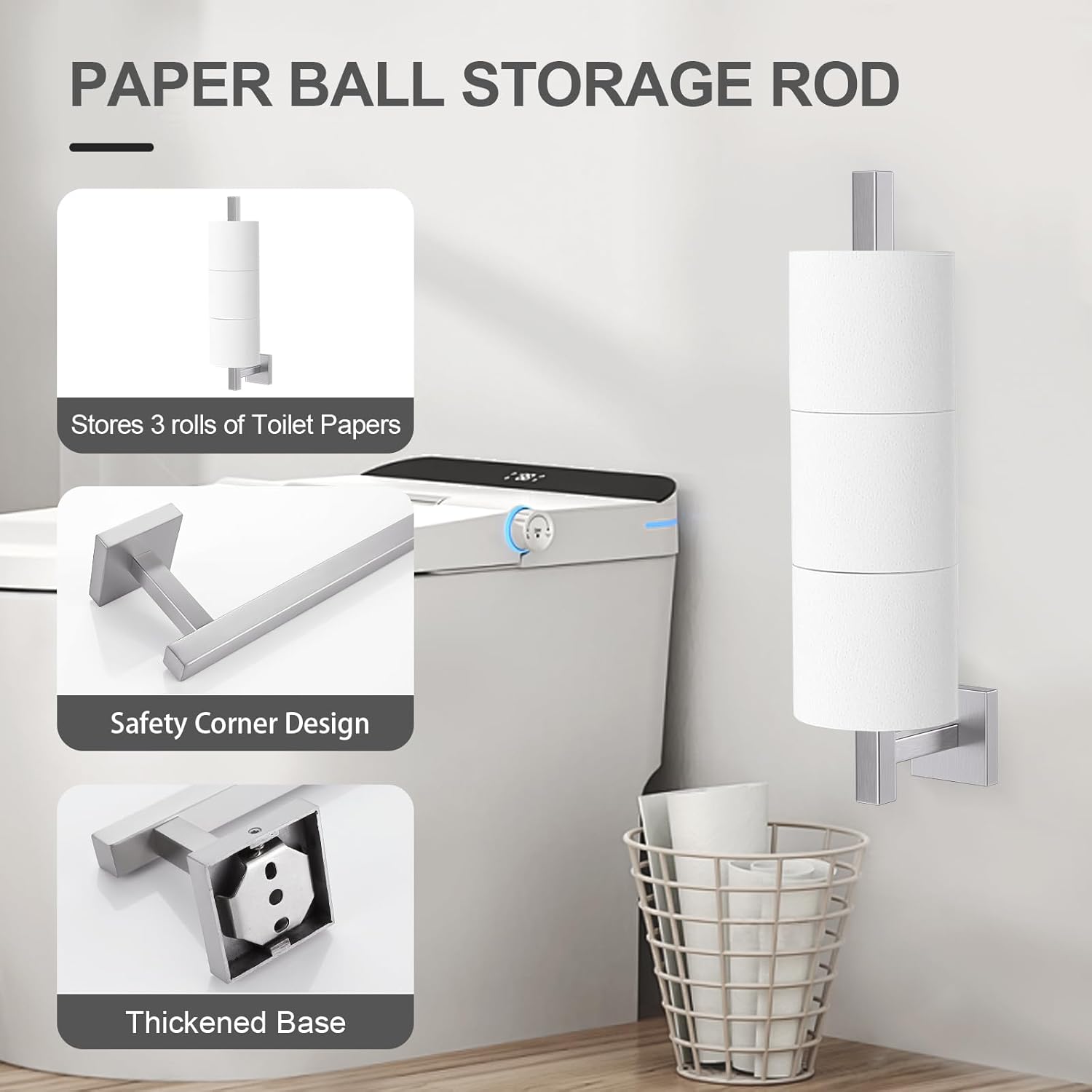 TQKAG 7-Pieces Brushed Nickel Bathroom Hardware Accessories Set 23.6" SUS304 Stainless Steel Towel Bar Set Toilet Paper Spare Rolls Storage Holder Wall Mounted