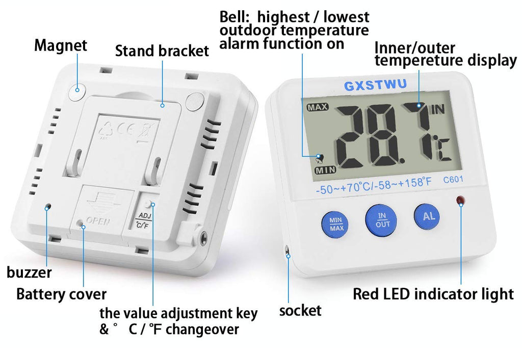 Fridge Freezer Thermometer Max/Min Memory High & Low Temperature Alarms Settings with LED Indicator Digital Refrigeration Thermometer with Magnetic,Stander (WhiteMeter2pack)