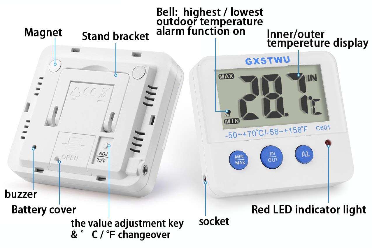 Fridge Freezer Thermometer Max/Min Memory High & Low Temperature Alarms Settings with LED Indicator Digital Refrigeration Thermometer with Magnetic,Stander (WhiteMeter2pack)