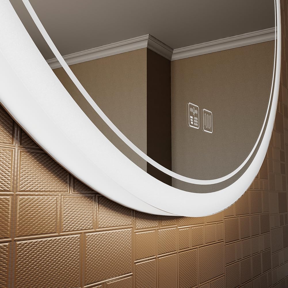 KWW Round Mirror Bathroom LED Lighted Mirror, Illuminated Dimmable Anti-Fog Wall-Mounted Makeup Vanity Mirror with Lights (23.5" L x 23.5" W)