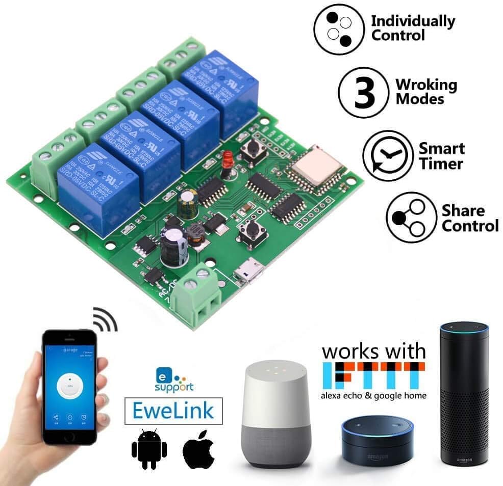 WiFi Wireless Inching Relay Monentary/Self-Locking Switch Module DIY Smart Home Remote Control DC 5-32V AC90-260V Ewelink App iOS/Andriod Compatible with Alexa Echo Google Home IFTTT (DC4)