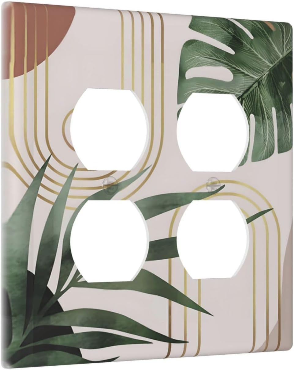 Decorative Outlet Covers Boho Mid Century Abstract Arch Green Leaves 2 Gang Wall Plate Double Duplex Light Switch Cover Switch Plate Covers for Bedroom Home Decor