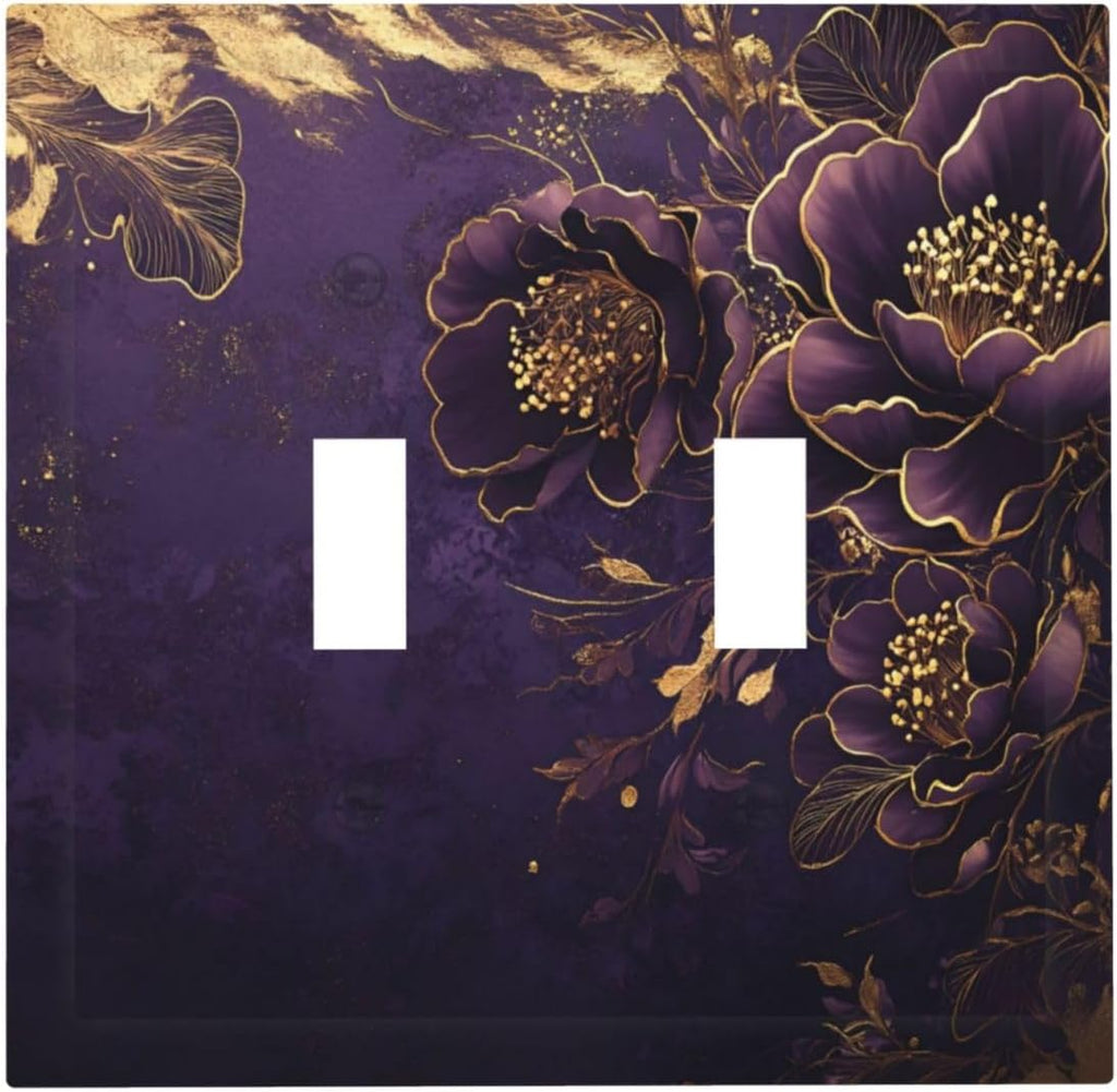Decorative Light Switch Cover Plate Vintage Purple Peony Gold Leaf Flowers Floral 2 Gang Wall Plate Oversized Double Toggle Two Switch Wall Cover Plate Dual Device Electrical Face Plate