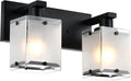 Black Wall Sconce Lighting, 2-Light Bathroom Vanity Light Fixture Wall Mount Lamp Over Mirror for Bedroom Bedside Studty Living Room, Rectangular Frosted Glass Shade