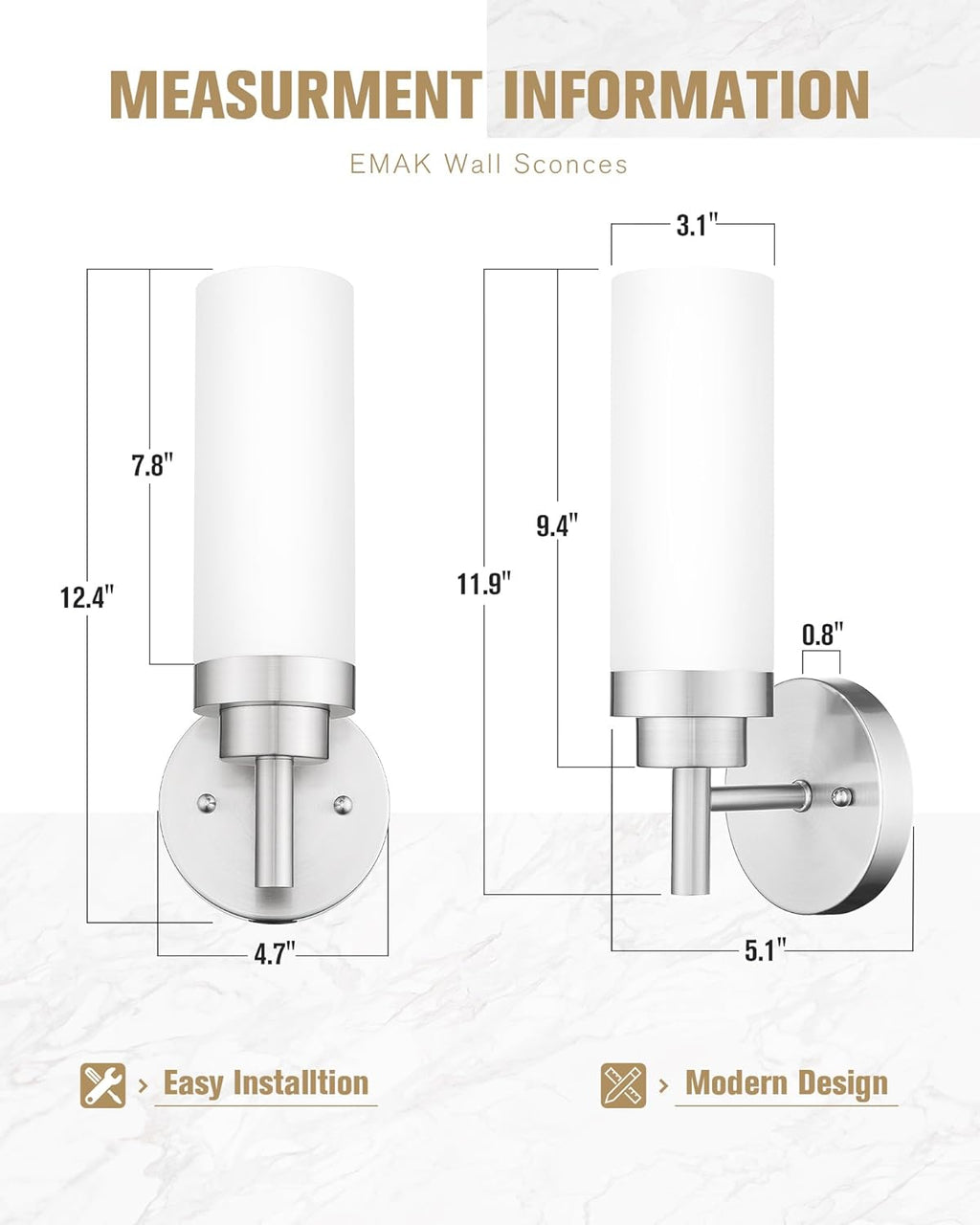 Emak Brushed Nickel Sconces Wall Lighting, Modern Vanity Lights with Milk Glass Shade, Wall Sconce for Bathroom, Bedroom, Living Room, Hallway, WS085-BN-ML-2PK