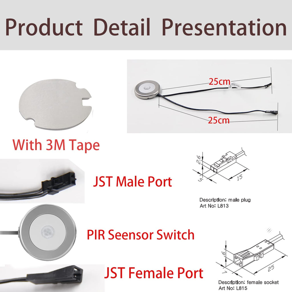 VST Motion Sensor Light Switch, IR Sensor, Led Light Automatic Door Switch for Closet Light Under Cabinets Counters Wardrobes with 12V JST Male and Female Connector (DC 12/24V)