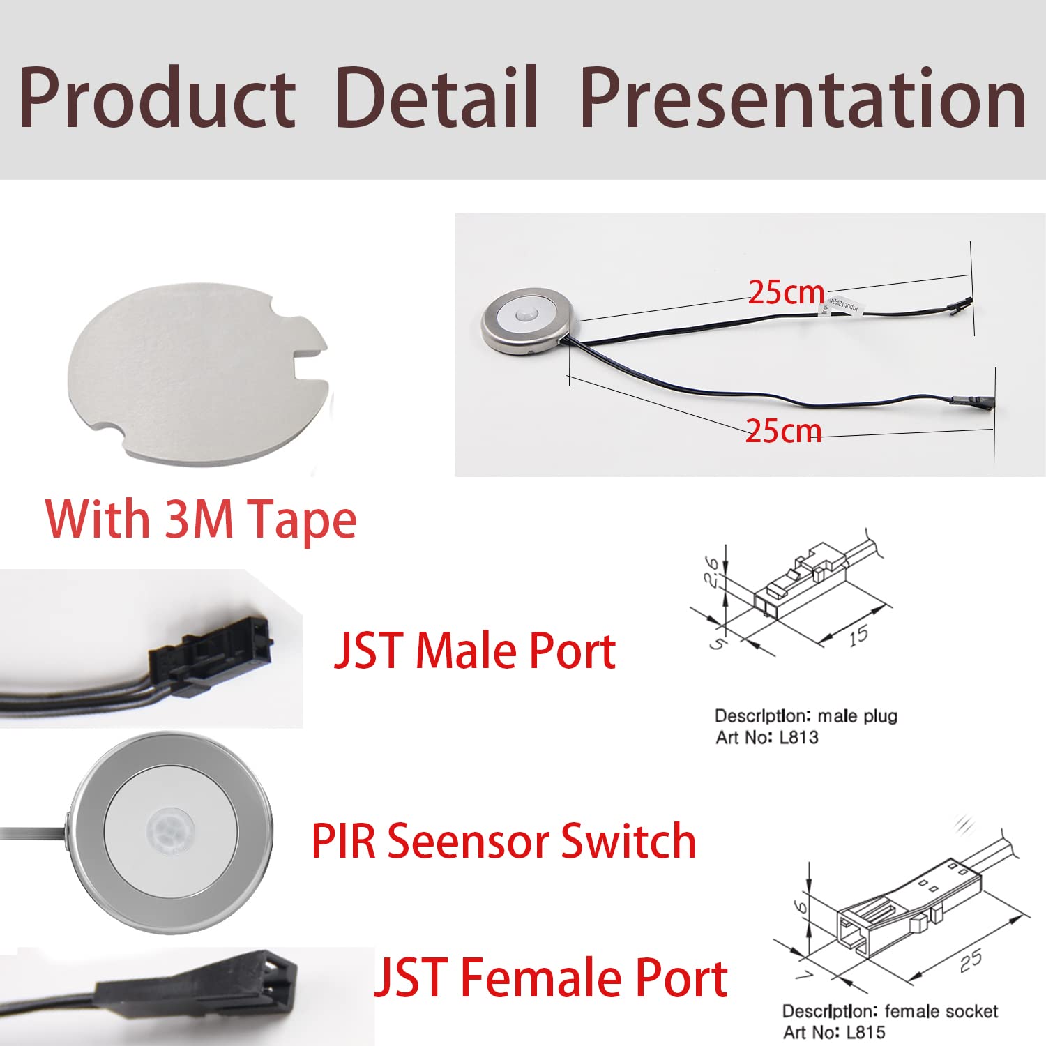 VST Motion Sensor Light Switch, IR Sensor, Led Light Automatic Door Switch for Closet Light Under Cabinets Counters Wardrobes with 12V JST Male and Female Connector (DC 12/24V)