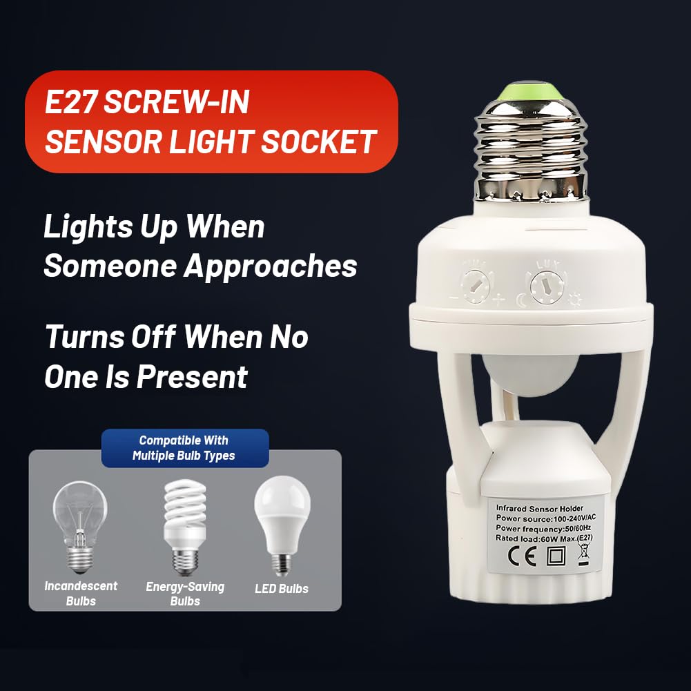 E27 Sensor Lights Socket, Motion Sensor Light Socket 10-300 Sec Delay, 6m Sensing Distance, IR Motion Activated Lamp Holder for Basement, Garage, Staircase (100-240V)