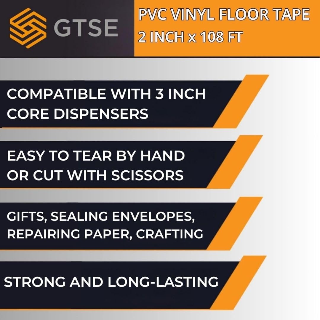 GTSE 2 inch x 108 ft White PVC Vinyl Floor Tape, 48 Rolls, Safety Marking Tape, 6 mil Thick, Suitable for Dance Floors, Gyms, Warehouses, Sports Facilities