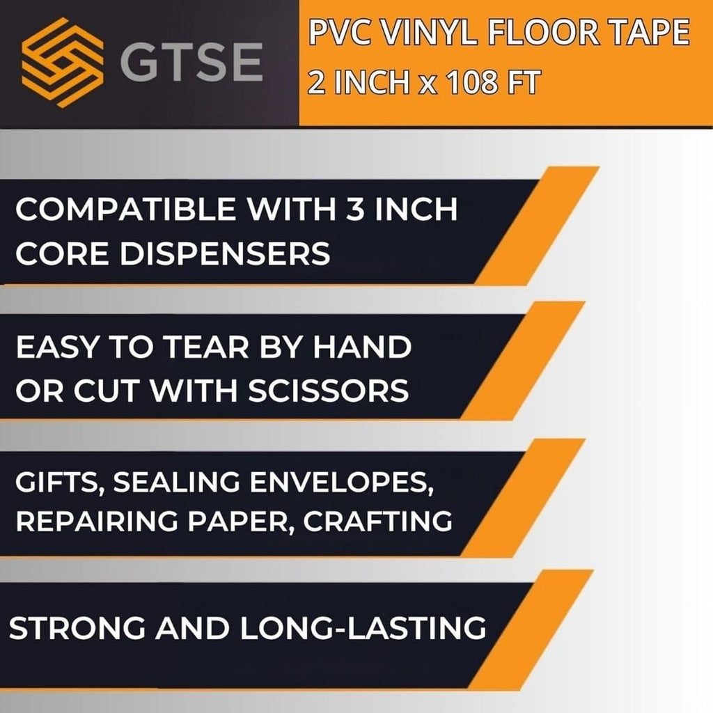 GTSE 2 inch x 108 ft Black/Yellow PVC Vinyl Floor Tape, 48 Rolls, Safety Marking Tape, 6 mil Thick, Suitable for Dance Floors, Gyms, Warehouses, Sports Facilities