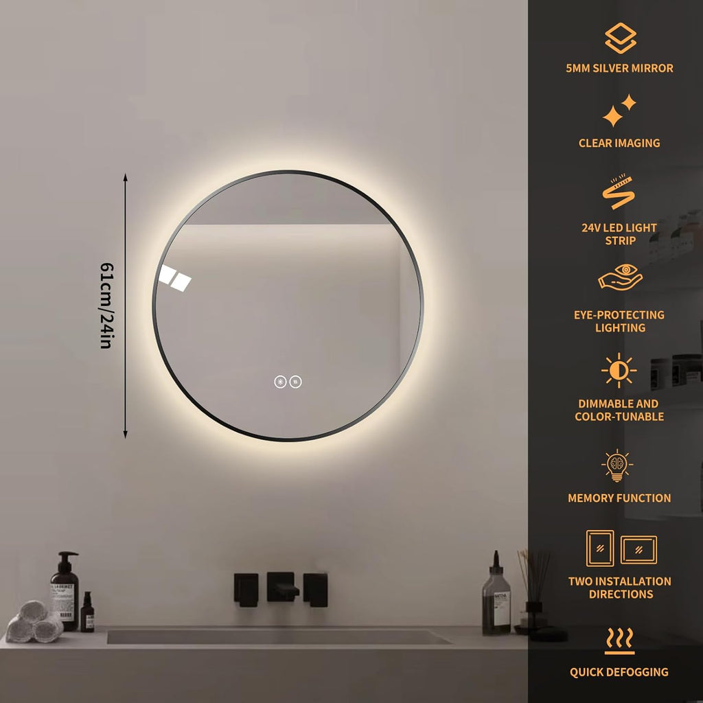 Round LED Bathroom Mirror with Gold Frame, 24V Backlight, 3 Color Temperatures, Dimmable, Memory Function, Defogging (Black Border, 24" L x 24" W)