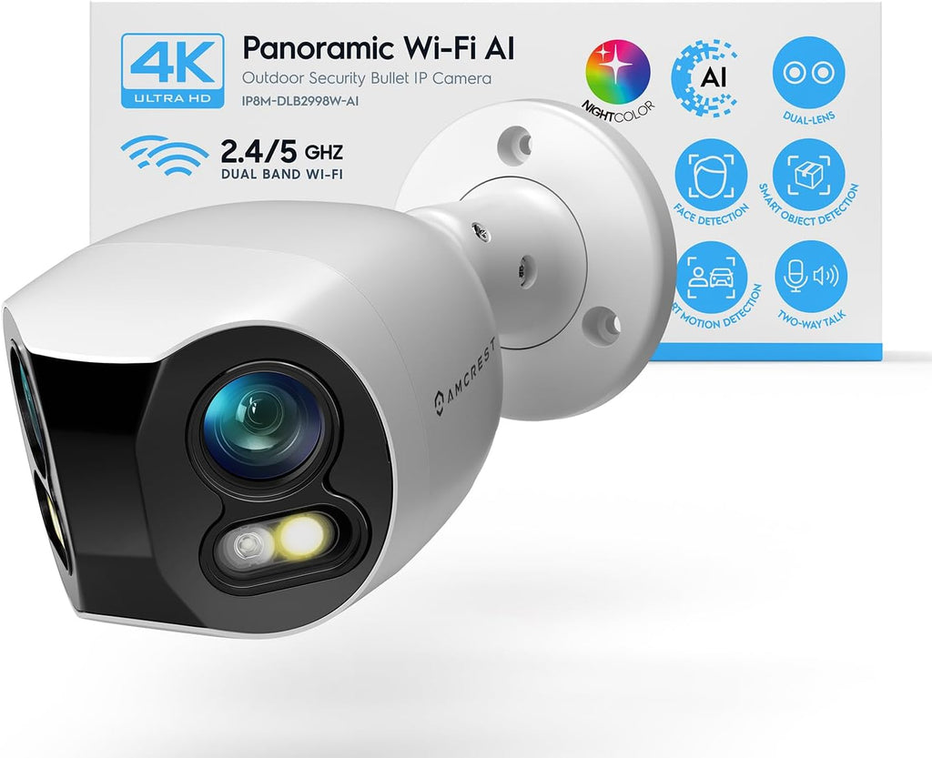 Amcrest Dual-Lens 4K (8MP) Outdoor Security WiFi Camera, 2 x 4MP Lenses WiFi AI Bullet IP Camera, Dual-Band 2.4Ghz & 5Ghz, Face Detection, Panoramic 180° FOV, 4K@15fps IP8M-DLB2998W-AI (White)