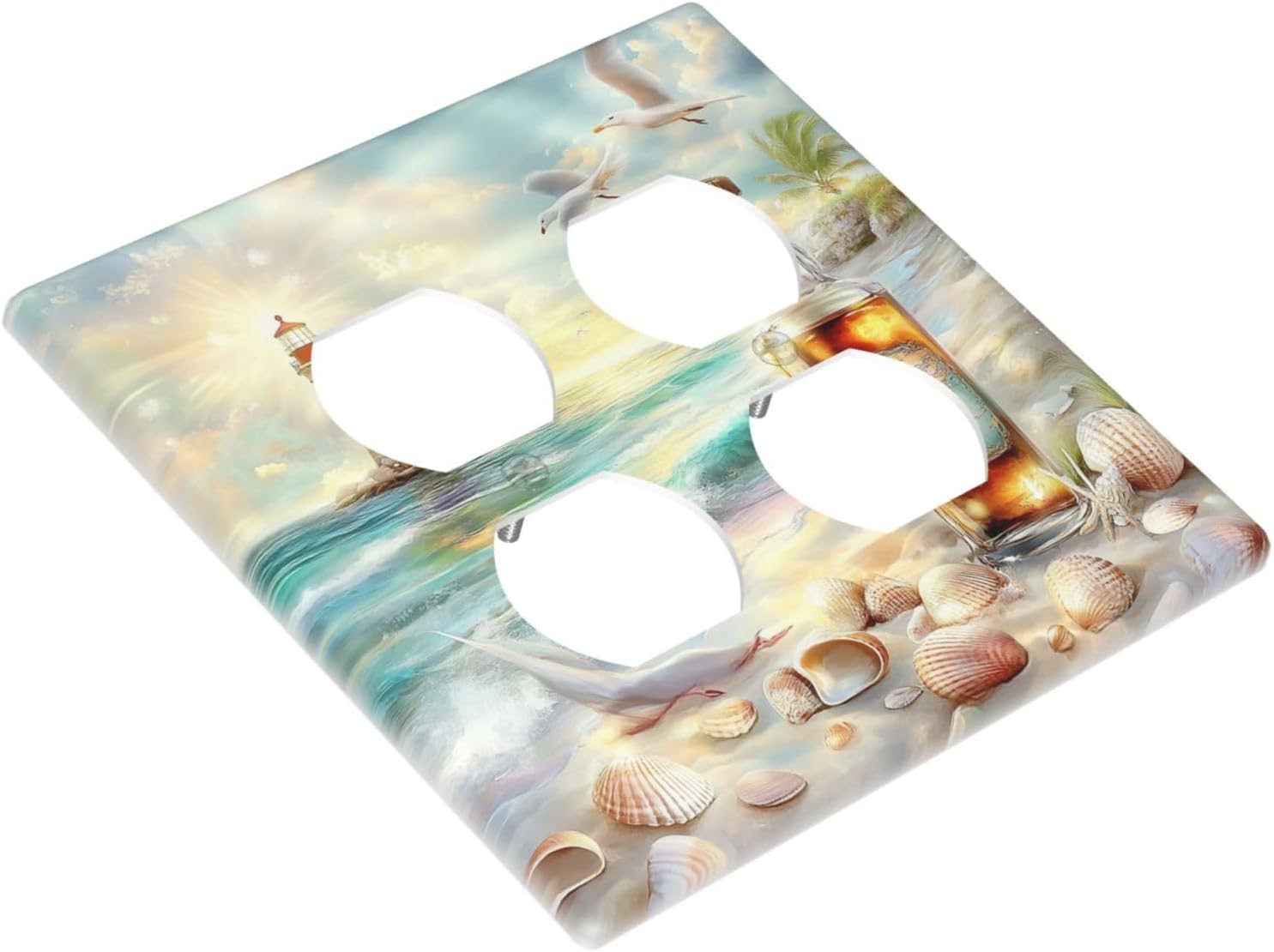 Outlet Covers Beach Ocean Lighthouse Seashells 2 Gang Double Duplex Decorative Light Switch Covers Electrical Wallplates Socket Faceplate For Bed Room Living Room Decor