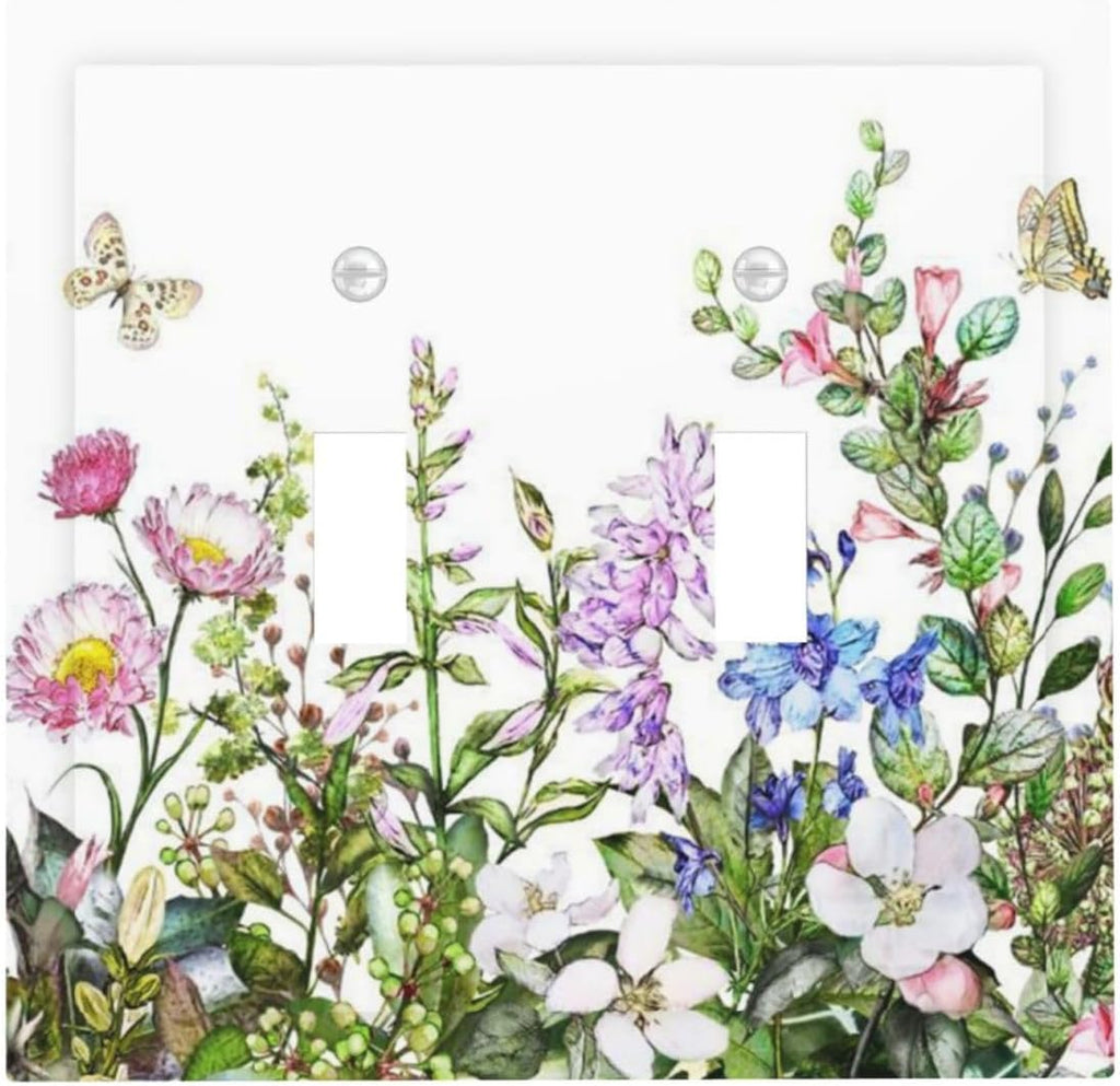 Boho Colorful Wildflowers Butterfly Green Plant Leaf Double Toggle Light Switch Covers 2 Gang Wall Plate Dual Decorative Switchplate Electrical Faceplate for Country Bathroom Bedroom Decor