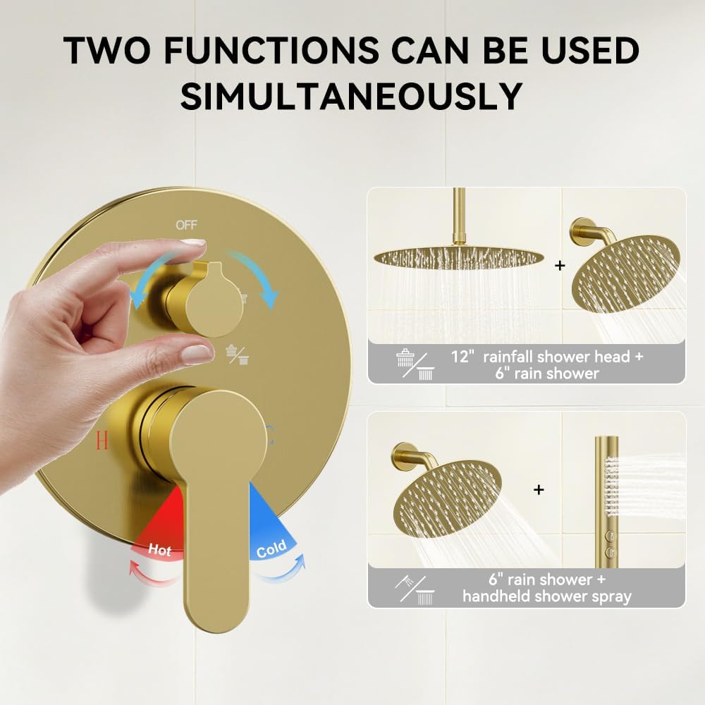 Shower Systems Shower Faucet Sets STARBATH 3 Way 12+6" Round Dual Rainfall Shower Head with Handheld Spray Combo, Ceiling Mounted Rain Shower Valve with 5 Diverter and Trim Kit Complete, Brushed Gold