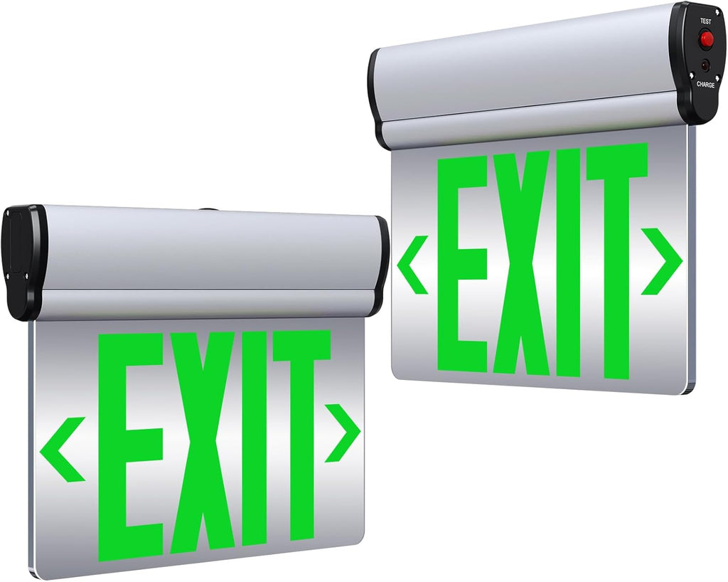 Led Edge-Lit Exit Sign ,Brushed Aluminum Housing Double-Sided Mirrored Rotating Acrylic Panel,Hardwired Emergency Exit Signs with Battery Backup, 120V-347VAC,Green Led Emergency Exit Light for Business , UL Listed,Top/Side/Wall Mount(2 Pack)