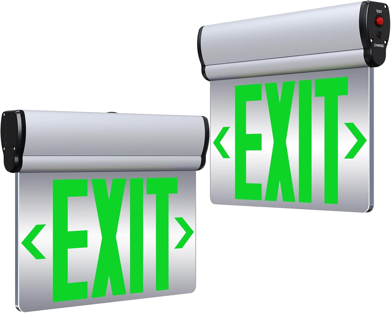 Led Edge-Lit Exit Sign ,Brushed Aluminum Housing Double-Sided Mirrored Rotating Acrylic Panel,Hardwired Emergency Exit Signs with Battery Backup, 120V-347VAC,Green Led Emergency Exit Light for Business , UL Listed,Top/Side/Wall Mount(2 Pack)