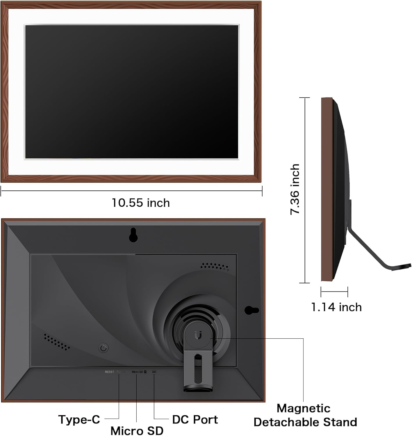 Digital Picture Frame, 10.1'' Frameo Digital Frame Wifi, 1280*800 HD Touch Screen, 32GB Memory, Wall Mountable Digital Photo Frame, Auto-Rotate, Share Instantly, Wedding, Birthday Gifts for Mom, Brown