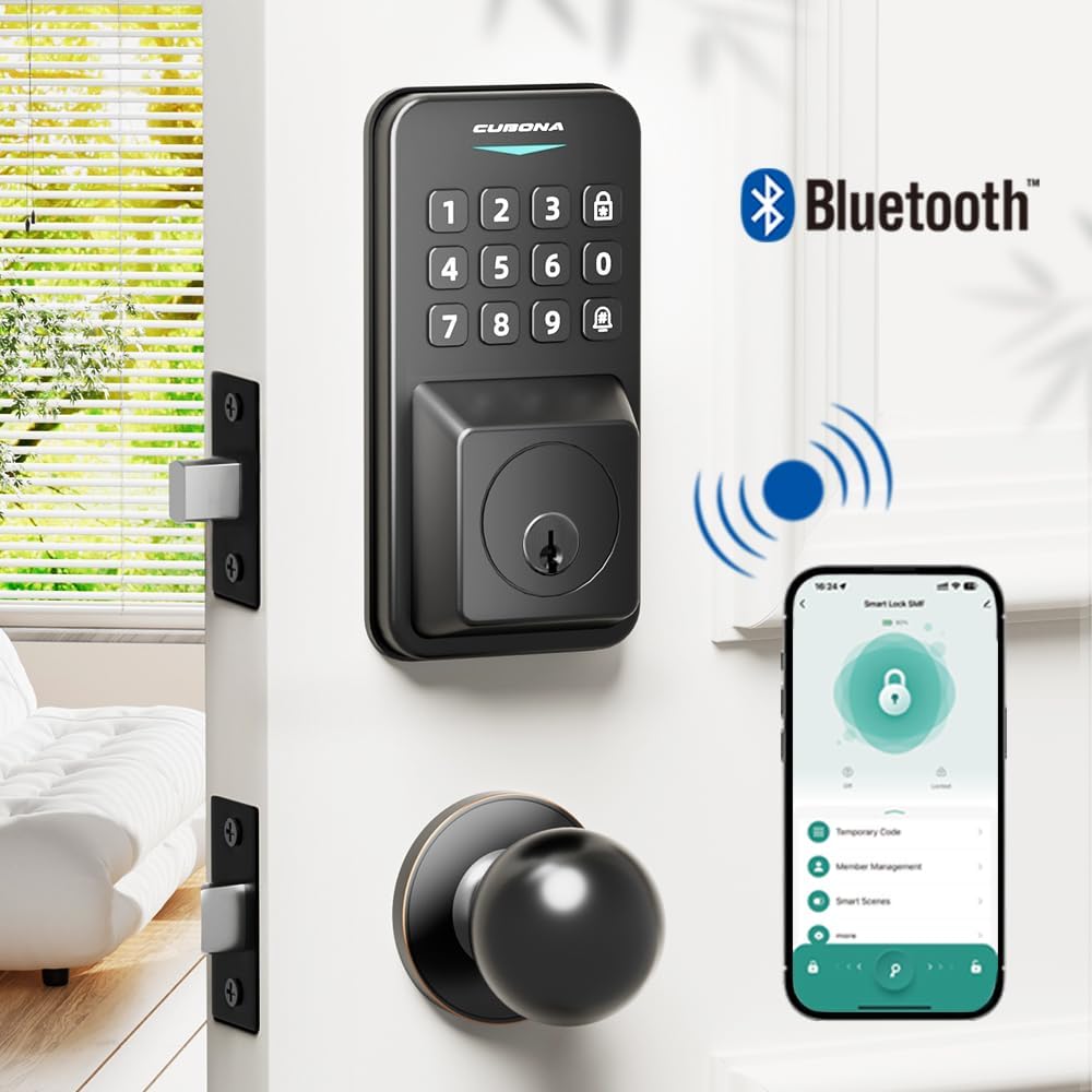 Keyless Entry Door Lock with 2 Door Knobs & Electronic Backlit Keypad, App Control Deadbolt Lock Support One-Touch Locking & Auto Locking,Easy Install, Anti-Peeping Code (01-Black)