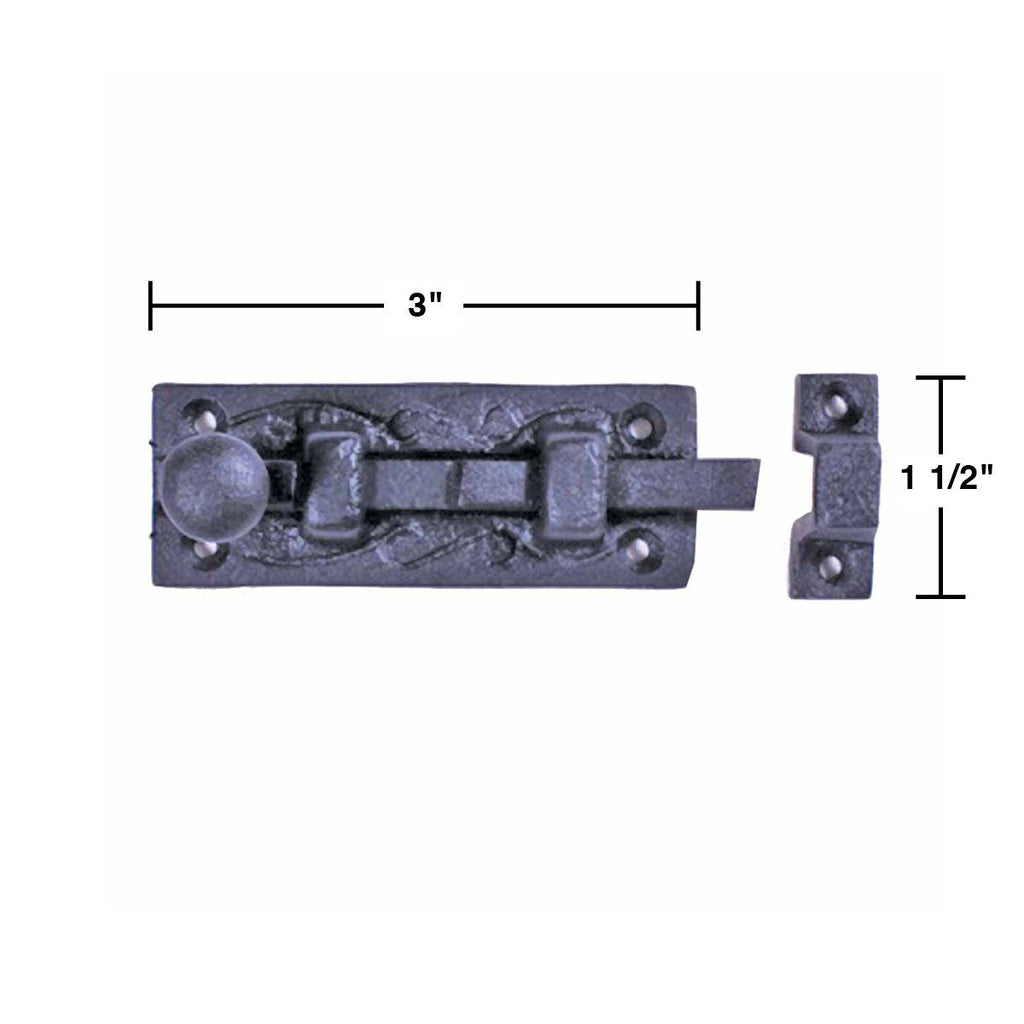 Renovators Supply Manufacturing Slide Bolt Latch 3 in. Black Wrought Iron Ball Tip Style Slide Bolt with Mounting Hardware Pack of 2