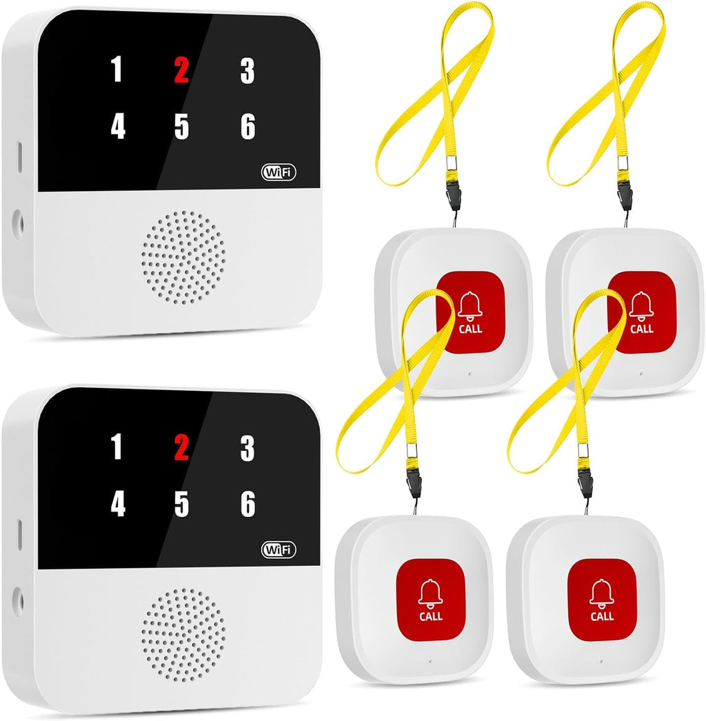 Wireless Caregiver Call Button System - Dual Hub, Multi-Location Alarm, Dsiplay Caller ID & App Alert, No Monthly Fee, 4 IP65 Panic Buttons, Emergency Alert for Elderly at Home/Nursing Homes