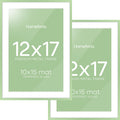 Homeforia 12x17 Picture Frame Sage Green, High End Metal 12x17 Poster Frames with Mat 10x15 Photo, 12 x 17 Sage Green Frame Matted to 10 by 15 Art, 17x12 Thin Frame, Tempered Glass, Wall Kit, Set of 2