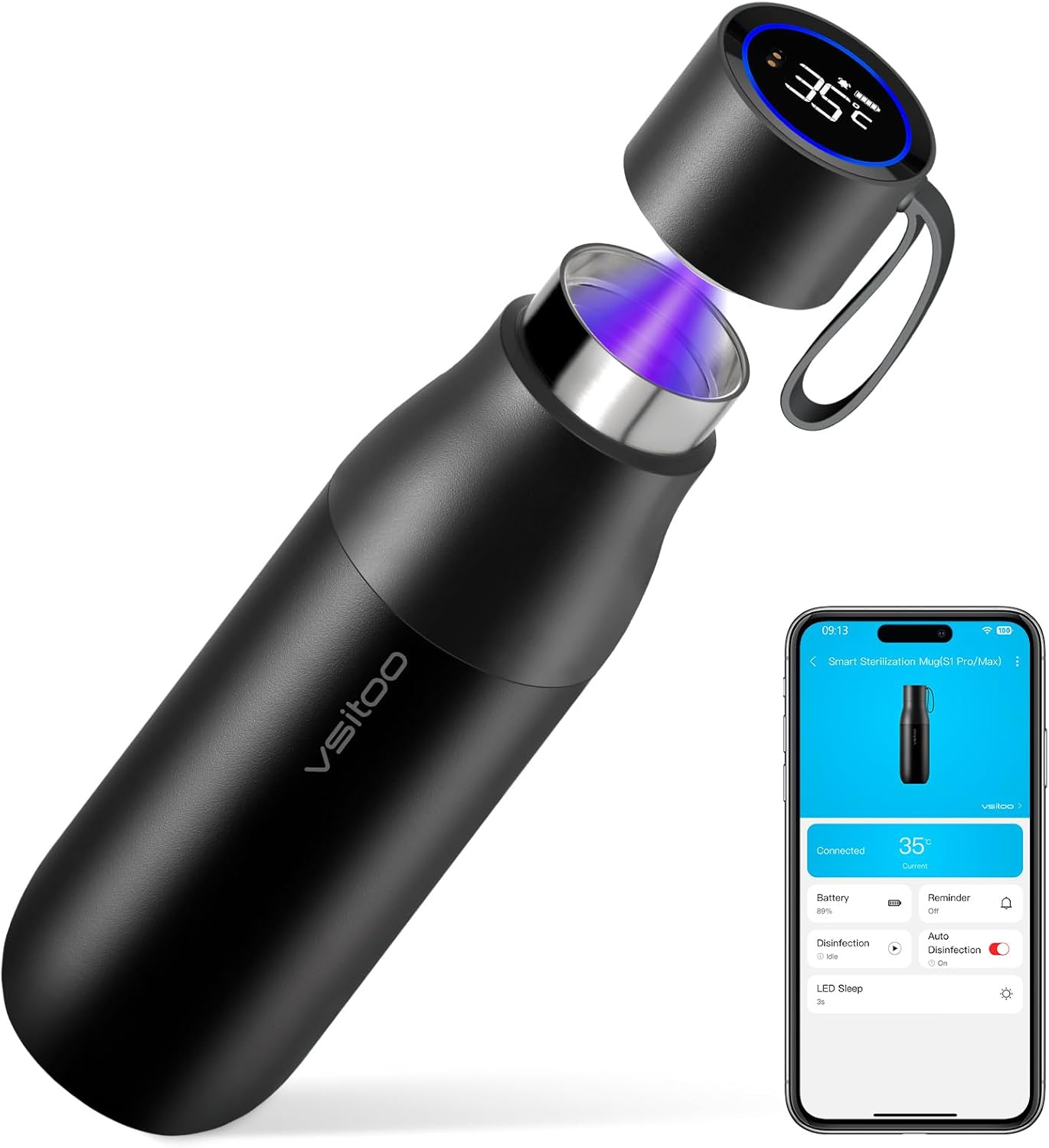 VSITOO 15oz Smart Self Cleaning Water Bottle，Insulated Water Bottle with Stainless Steel, BPA-Free, AI Self-Clean, 30-Day Battery, Magnetic Charging for Travel, Gym or Office, Black