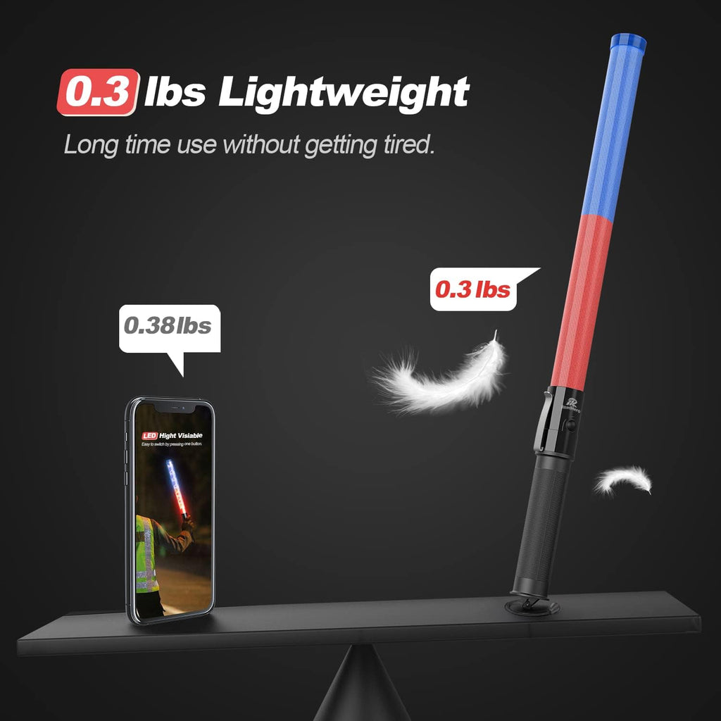 RoadHero Traffic Control Wand - 21 Inch, Red & Blue, 3 Flashing Modes, Air Marshaling Signal Wand with Side Clip for Airport, Parking, Car Directing