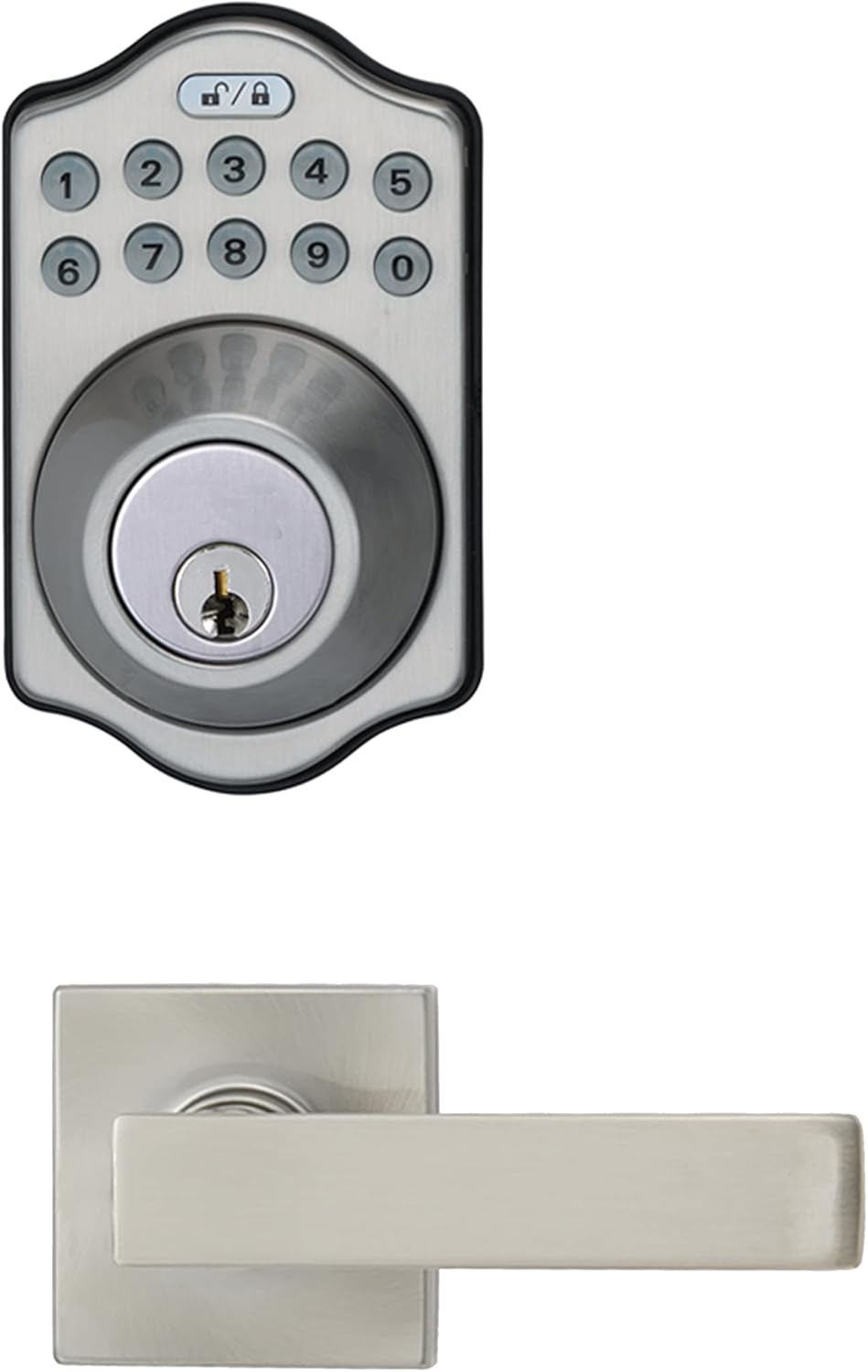 Amazon Basics Traditional Electronic Keypad, Keyless Entry Door Lock Deadbolt with Handle Set, Key Pad Front Door with Knob, Traditional Door Locks for Front Door, Door Handle, Satin Nickel, 1-Pack