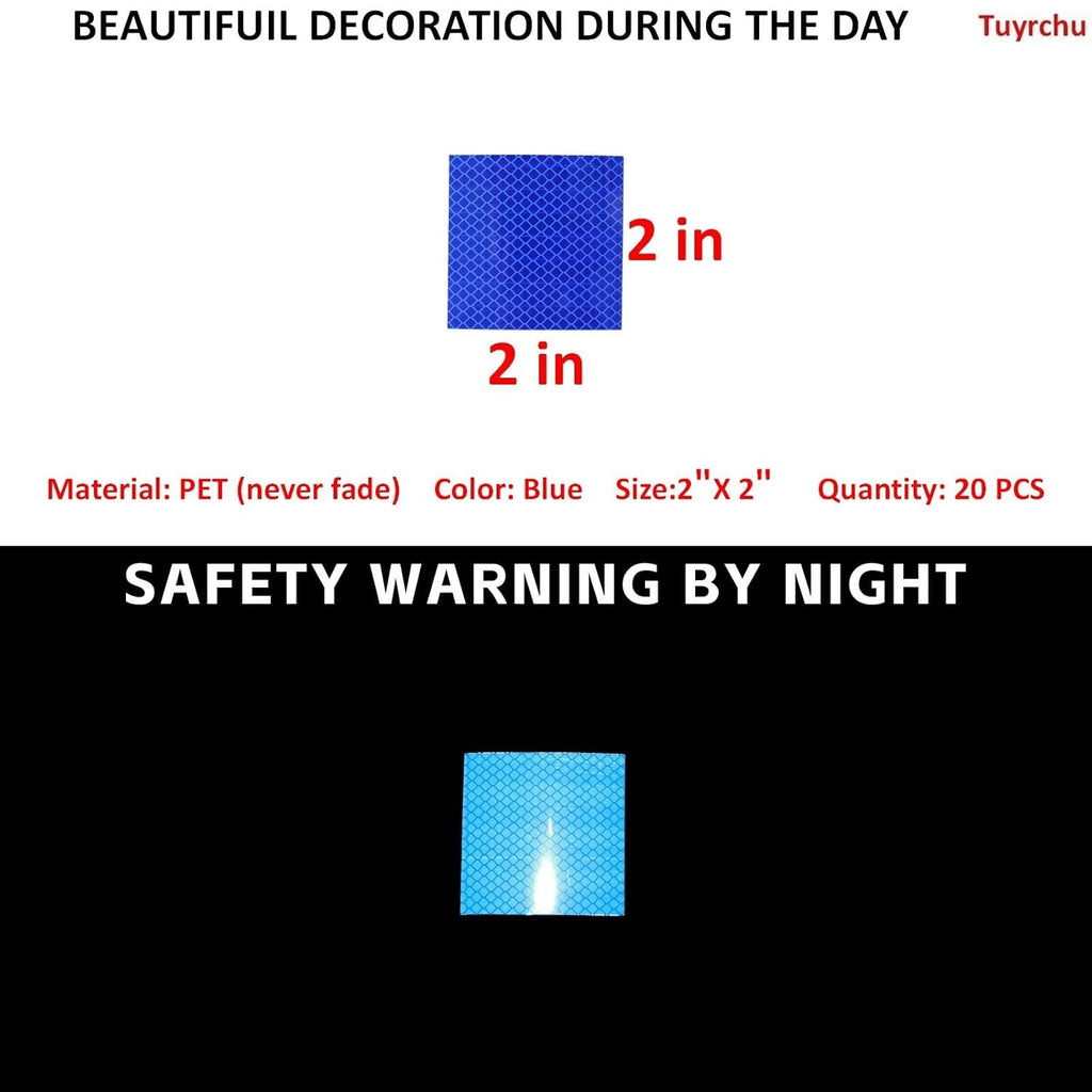 Non Fading Blue Reflective Stickers 2 inch X 2 inch, Outdoor Waterproof High Visibility Warning Safety Adhesive Reflector Tape (20 Pcs)