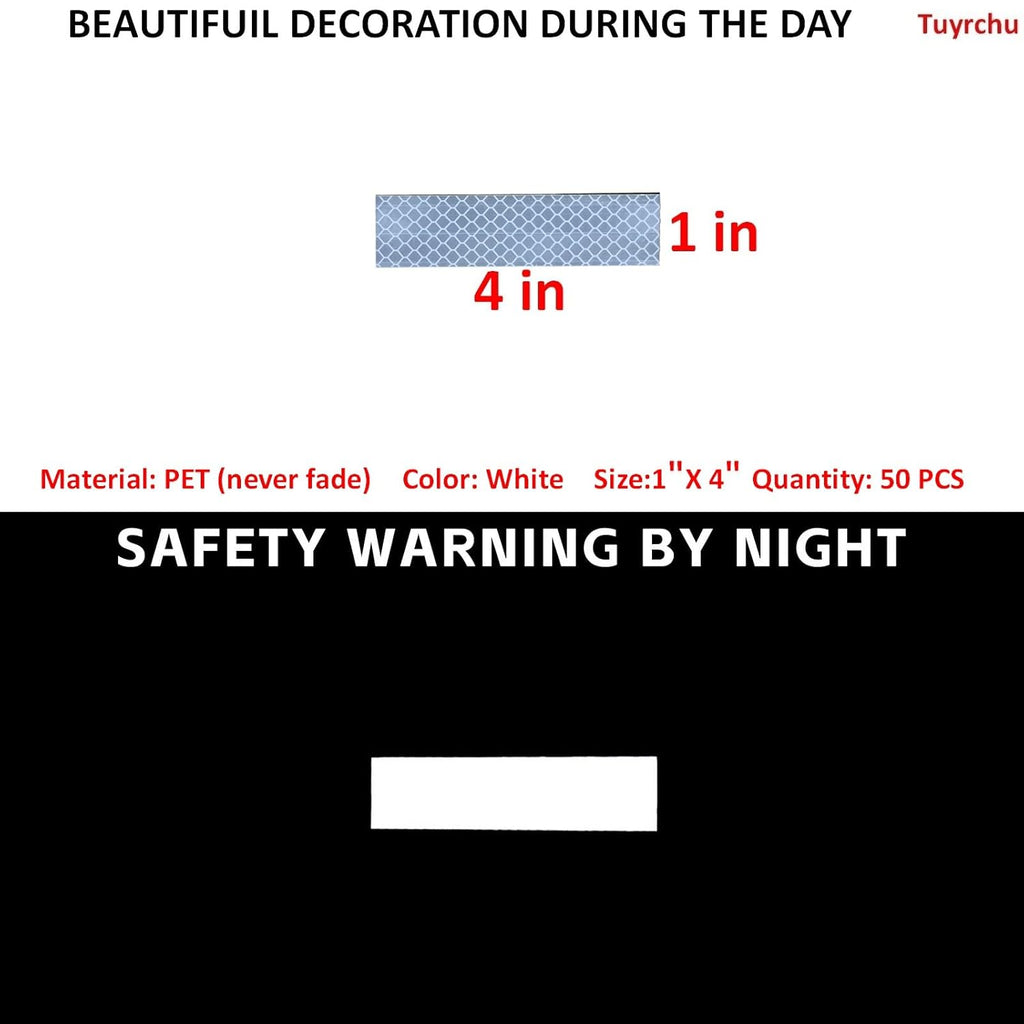 Non Fading White Reflective Stickers 1 inch X 4 inch, Outdoor Waterproof High Visibility Warning Safety Adhesive Reflector Tape (50 Pcs)