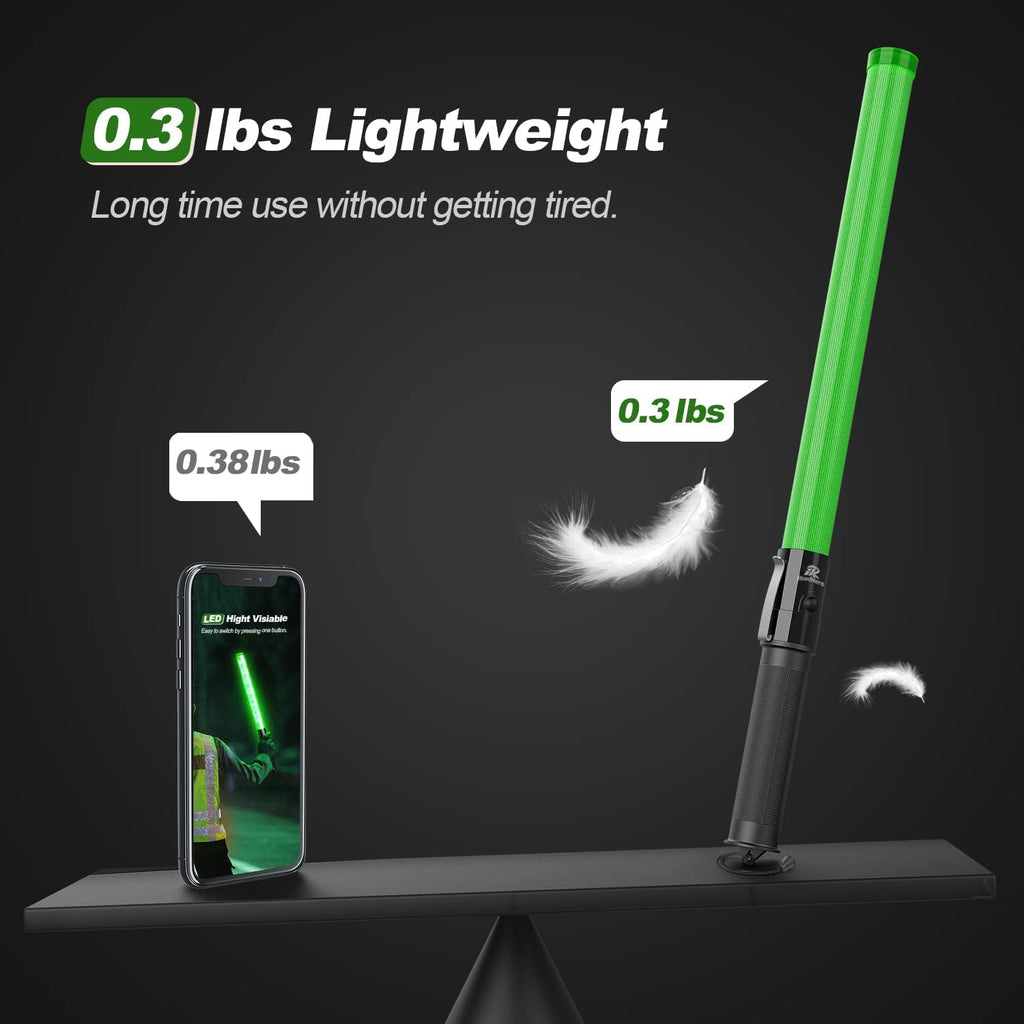 RoadHero 1 Pack 21 Inch Traffic Wands, Green Led Traffic Control Baton, Night Safety Light Wand with 2 Flashing Modes, Air Marshaling Signal Wand with Side Clip for Airport, Parking, Car Directing