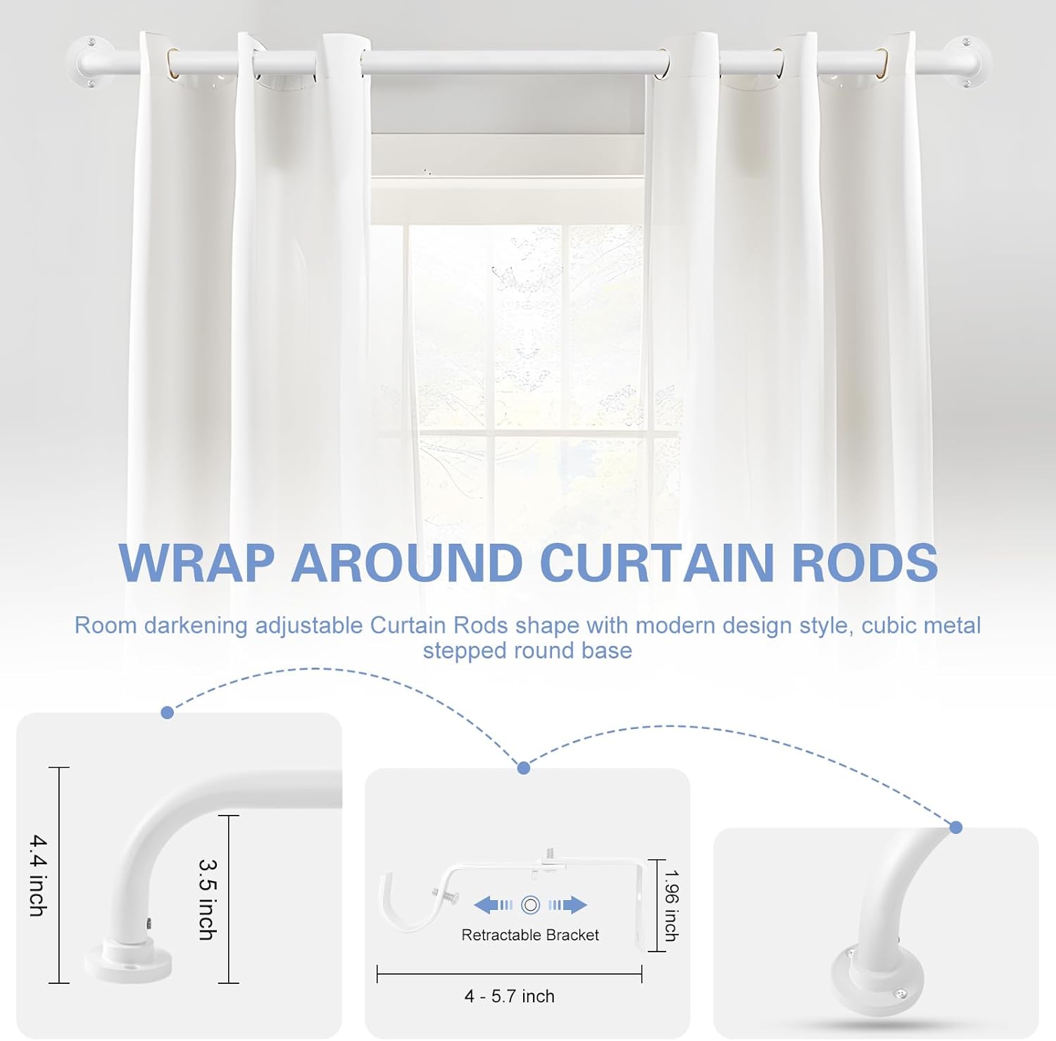 White Wrap Around Curtain Rods 36 to 72 Inch:Blackout Heavy duty Adjustable Window Curtain Rod for Bedroom,Industrial Darkening Curved French Metal Single Drapery Rods Easy Install,Pure White
