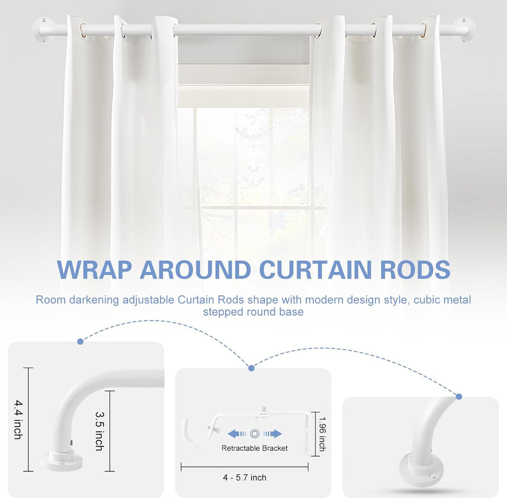 White Wrap Around Curtain Rods 66 to 120 Inch:Blackout Heavy duty Adjustable Window Curtain Rod for Bedroom,Industrial Darkening Curved French Metal Single Drapery Rods Easy Install,Pure White