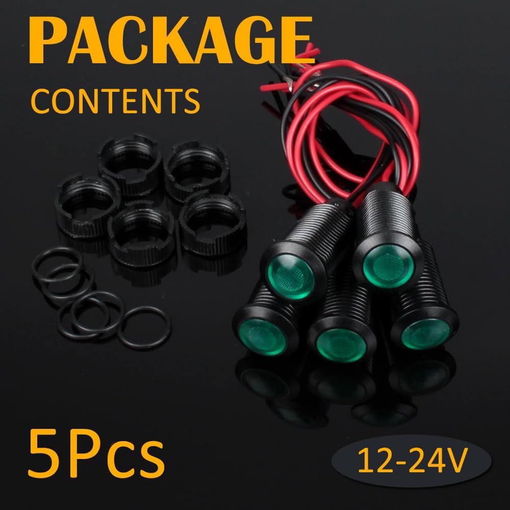 5pcs 12mm 12V-24V LED Indicator Light Plastic Black Signal Dot Lamp 12V-24V 1/2 inches Mounting Hole Size with 15cm/5.9in. Wire (Green LED)