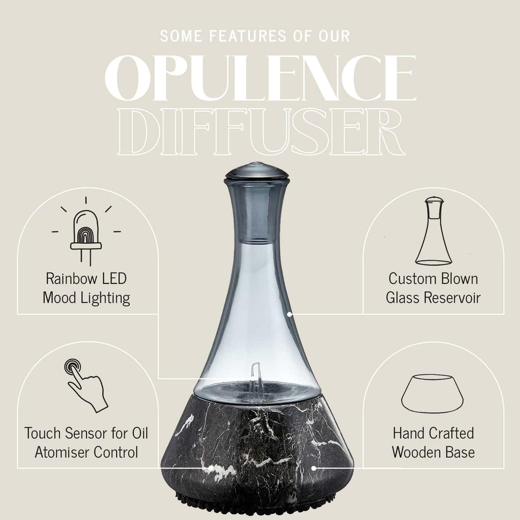 Opulence - Nebulizing Diffuser for Essential Oil/Aromatherapy with Black Marble Ceramic Base and Black Hand-Blown Glass with Touch Sensor Light Switch - No Heat, No Water, No Plastic Product Name