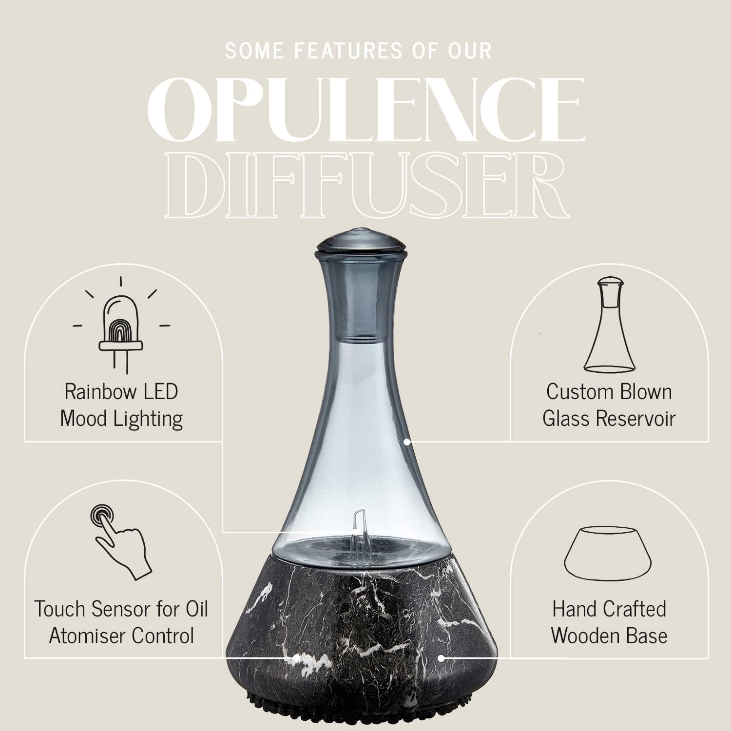 Opulence - Nebulizing Diffuser for Essential Oil/Aromatherapy with Black Marble Ceramic Base and Black Hand-Blown Glass with Touch Sensor Light Switch - No Heat, No Water, No Plastic Product Name