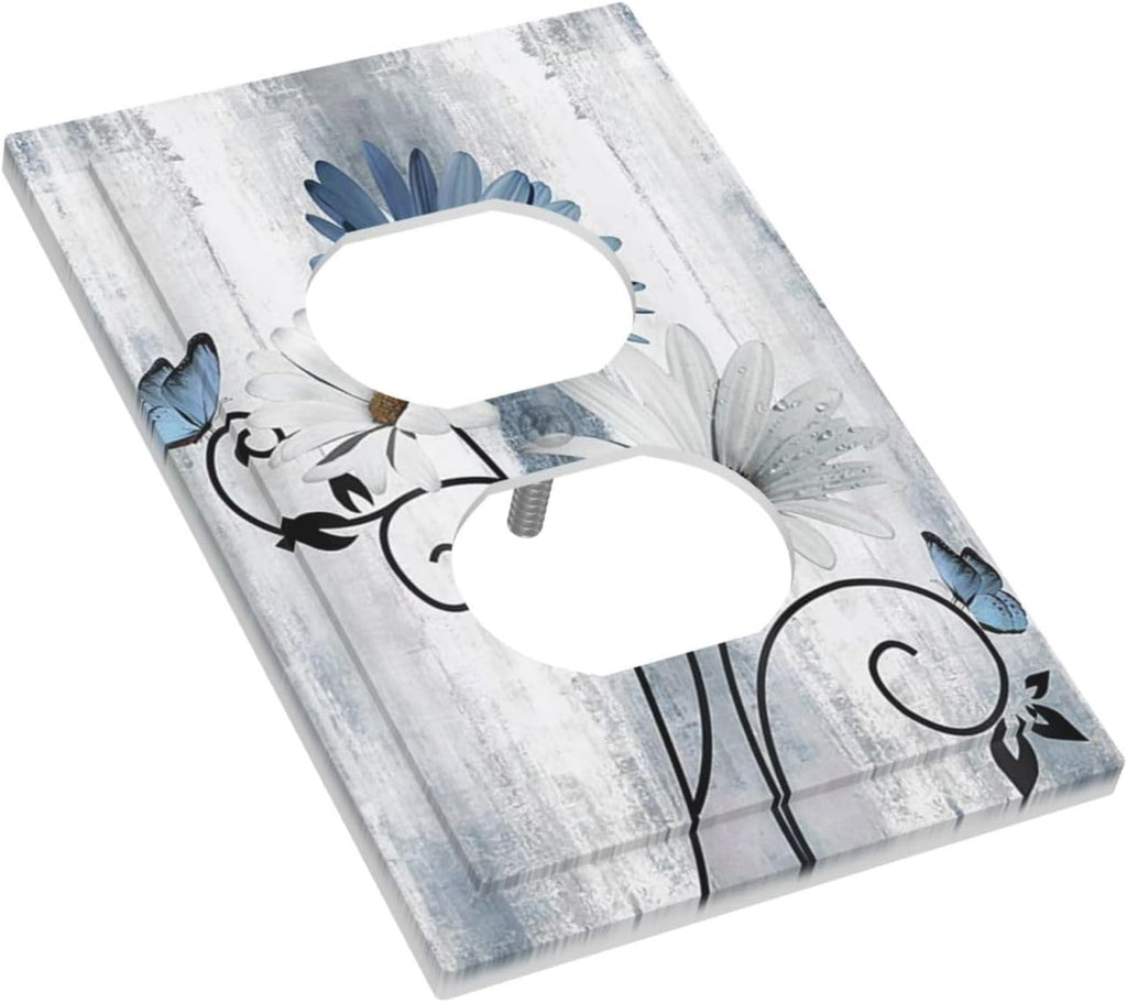 Decorative Outlet Covers Rustic Blue White Daisy Ink Flower 1 Gang Duplex Light Switch Cover Plate Unique Wall Plates for Electrical Outlets Switch Plate Covers for Bedroom Home Decor