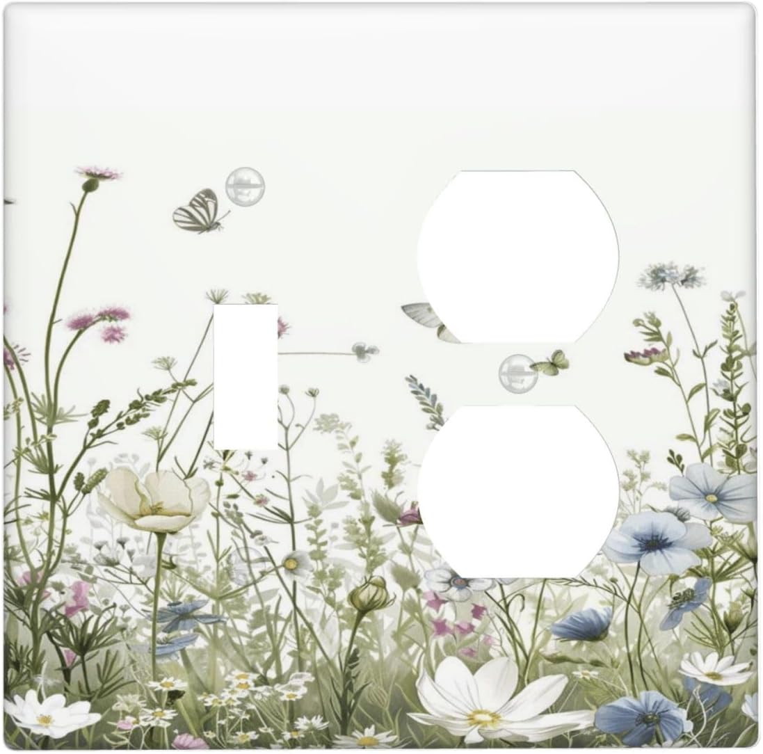 Colorful Wildflowers Daisy Plant Butterfly Floral Wallplates 1 Toggle 1 Duplex Switch Plate Electrical GFCI Faceplate Decorative Light Switch Covers for Bed Room Living Room Decor