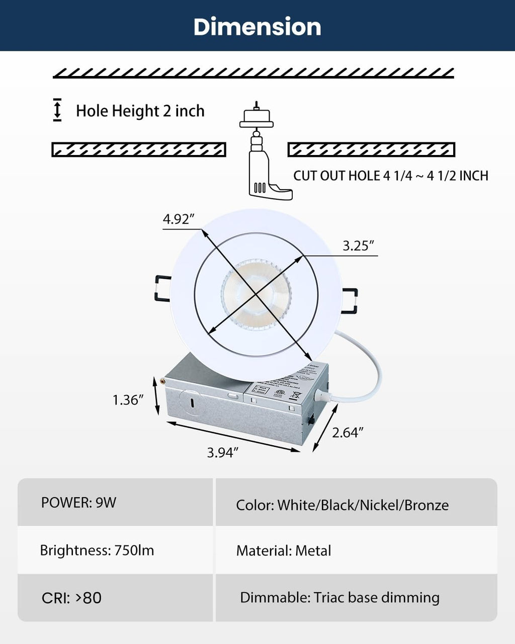 4inch Gimbal LED Recessed Light Recessed LED 4 inch White Swivel Gimbal Canless Light 360° Rotation 90° Tilt 4" 9W Eyeball Lighting Dimmable Adjustable Can Spotlights 5CCT White 4 inch 6 Pack